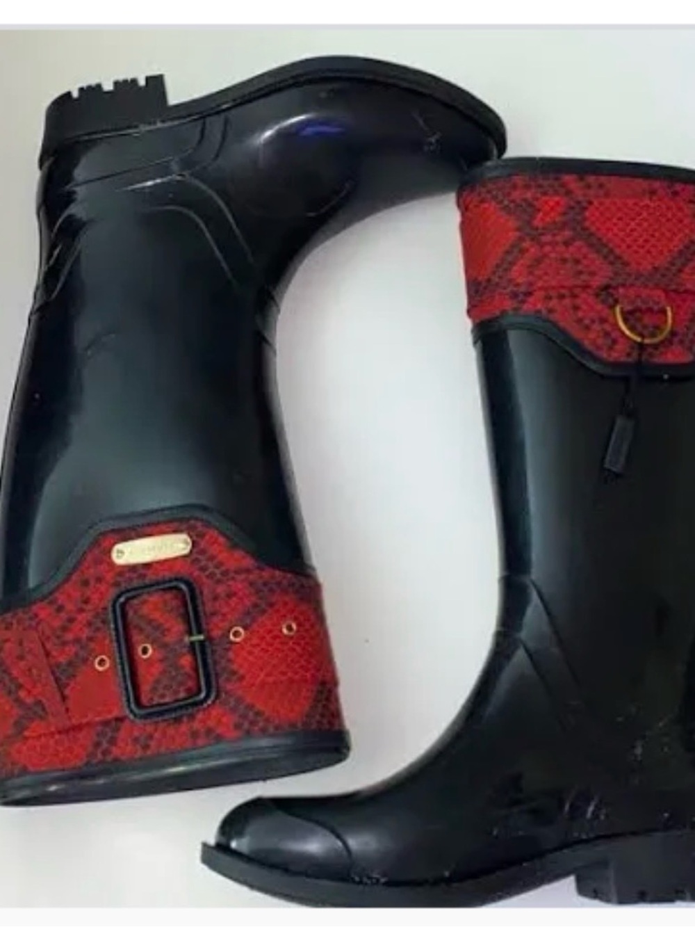 Burberry Black Rain Boots with Red Snake-Print Trim - Picture 3 of 3